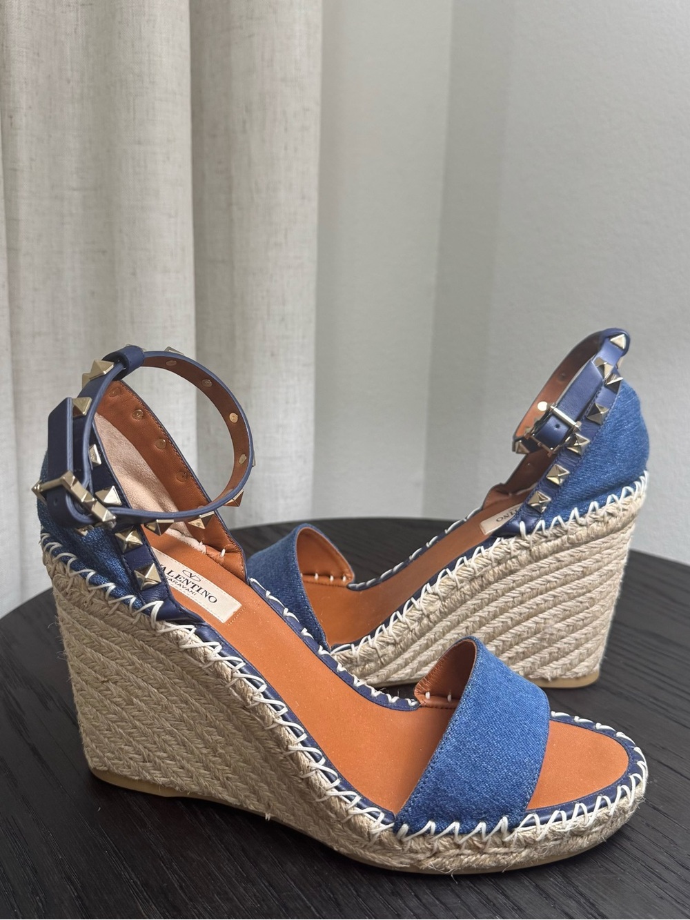 Valentino Garavani Rockstud Espadrille Wedge Sandals Denim Blue 39